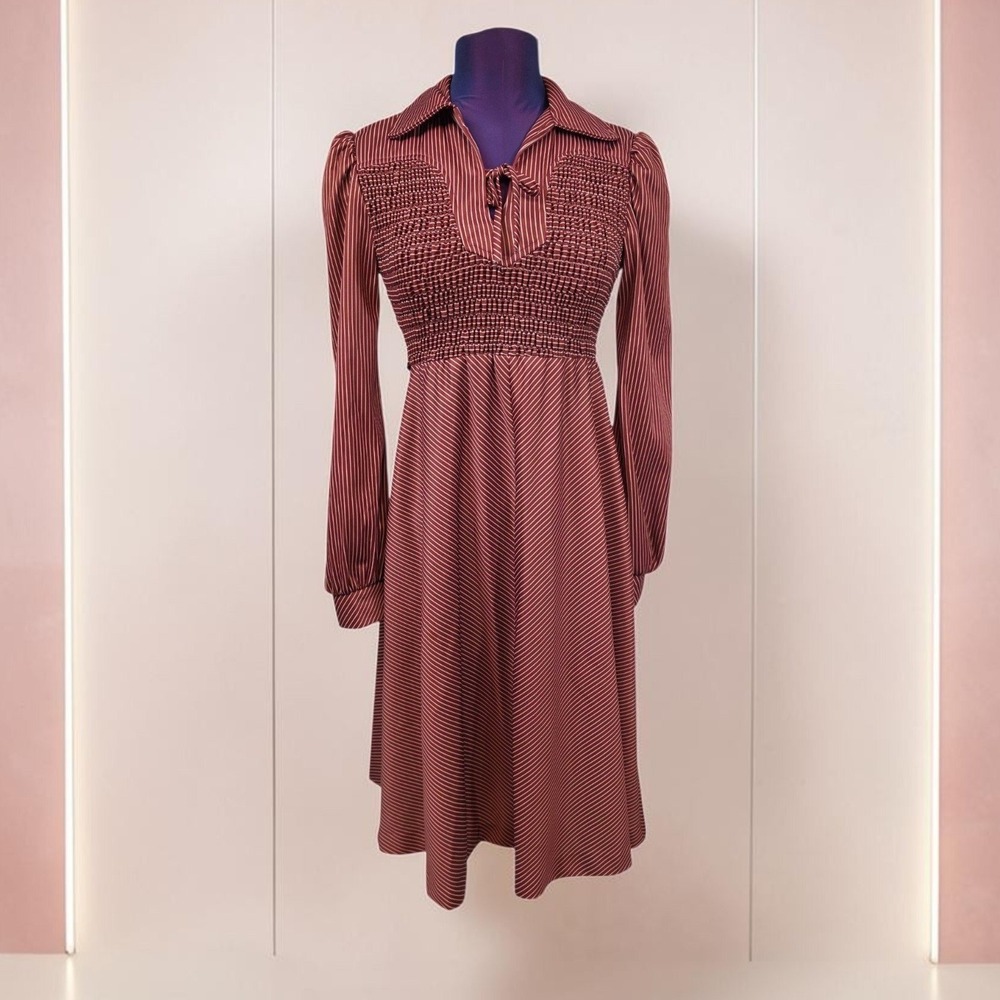 70s Smocked Pinstripe Midi Dress Long Sleeve Tie Neck Maroon Vintage